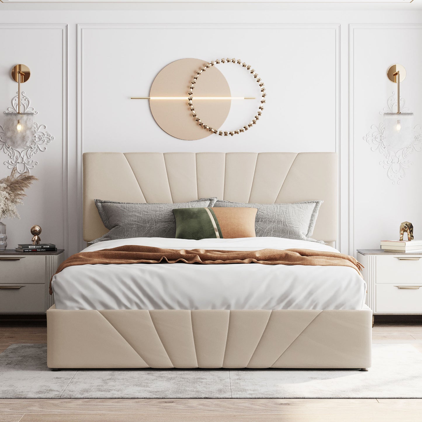 Regal Restful Retreat - Beige Upholstered Platform Bed with Hydraulic Storage