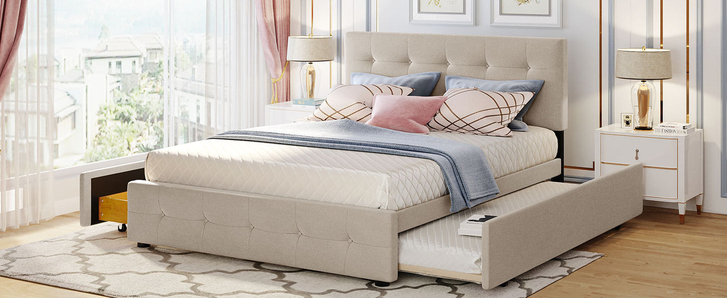 Draco Queen Size Platform Bed with 2 Drawers - Beige