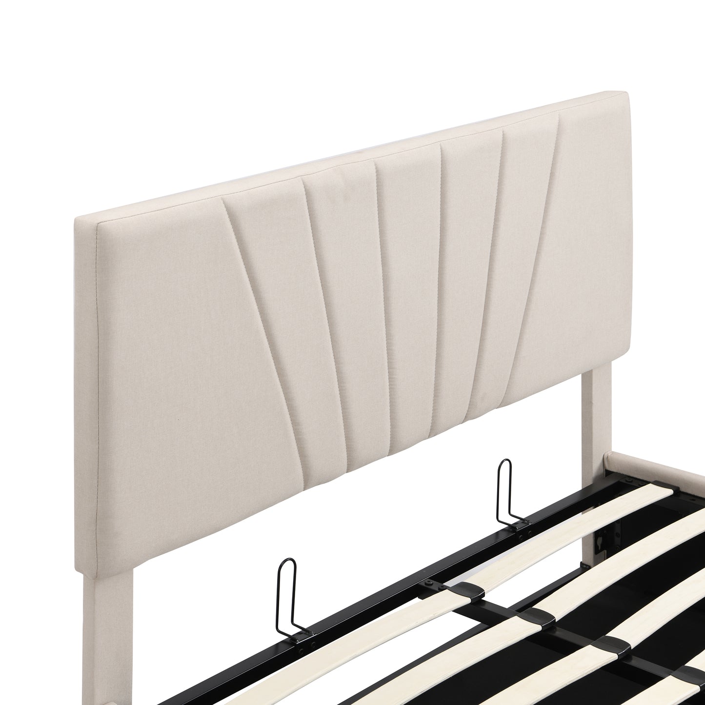 Regal Restful Retreat - Beige Upholstered Platform Bed with Hydraulic Storage
