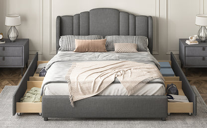 Mali Queen Size Platform Bed with Wingback Headboard - Gray