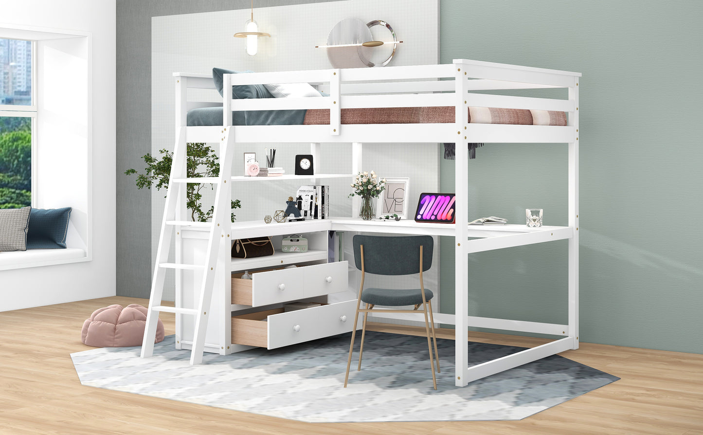 ElevateMax Full Size Loft Bed with Desk and Storage, in Elegant White