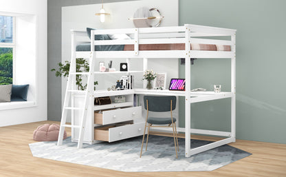 ElevateMax Full Size Loft Bed with Desk and Storage, in Elegant White