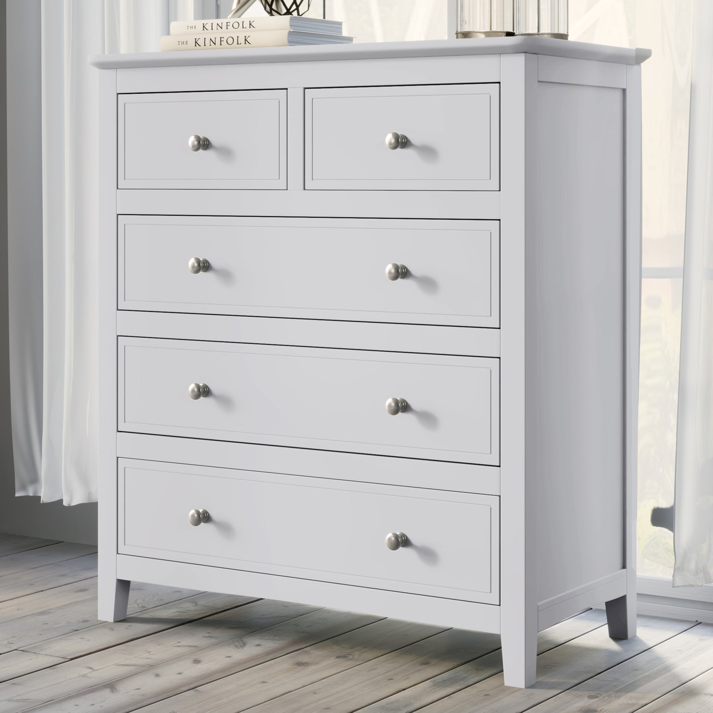 Elegant White Wood Chest with 5 Drawers