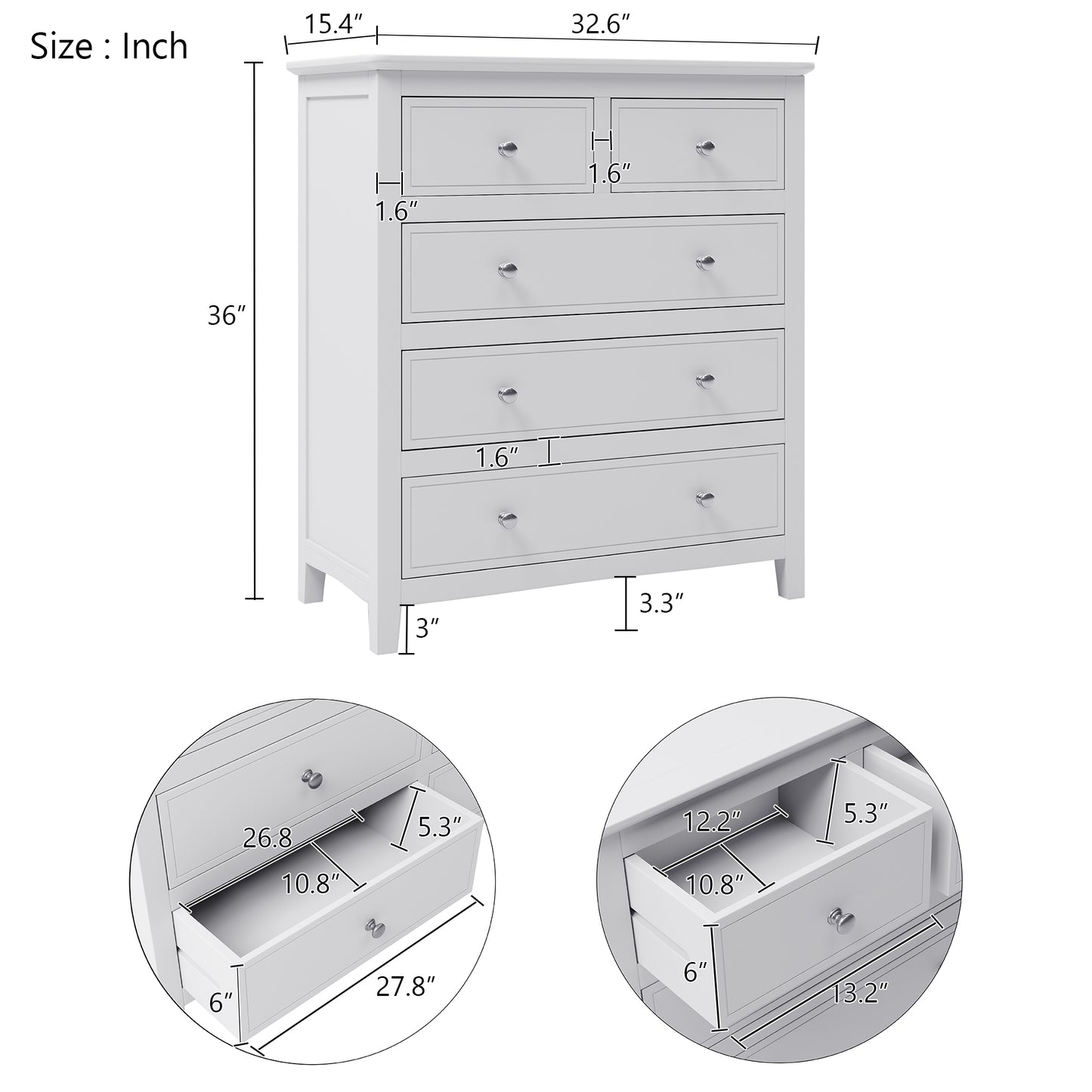 Elegant White Wood Chest with 5 Drawers