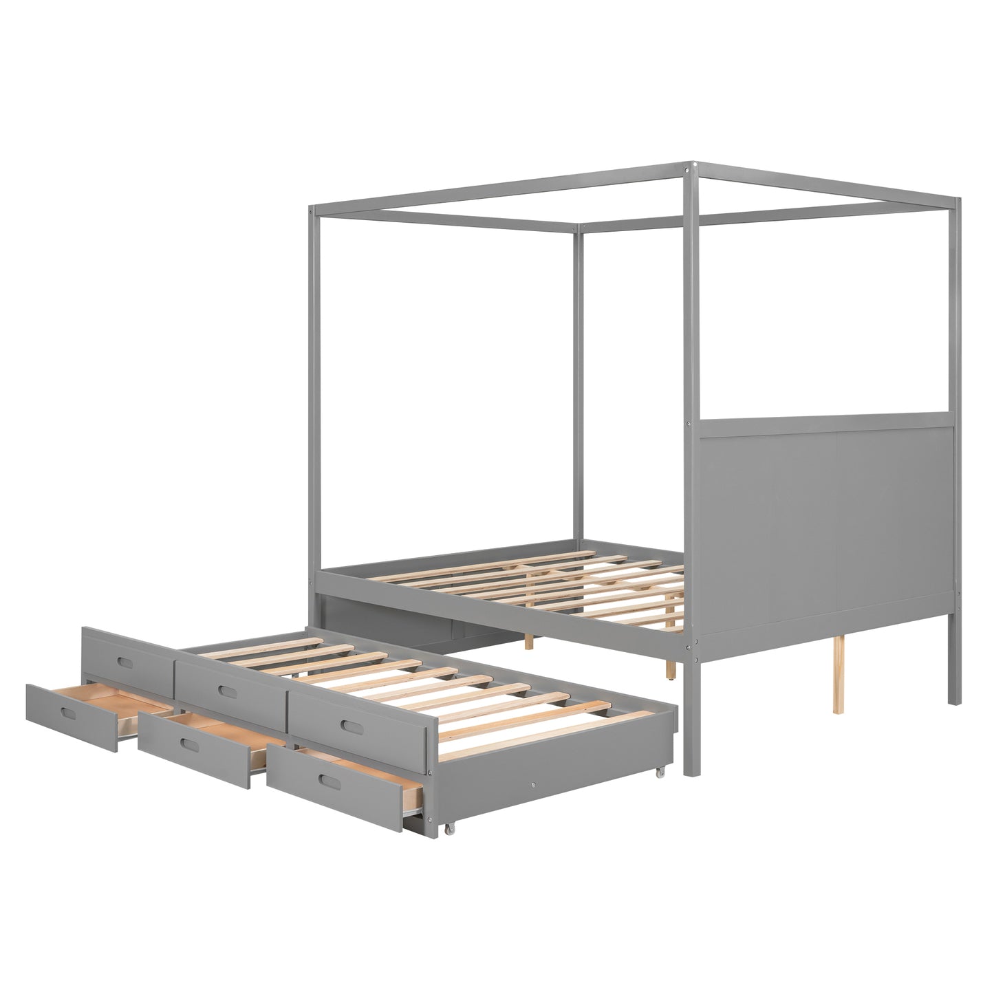 Elegant Haven Canopy Bed with Trundle and Storage, Gray
