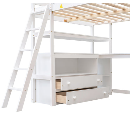 ElevateMax Full Size Loft Bed with Desk and Storage, in Elegant White
