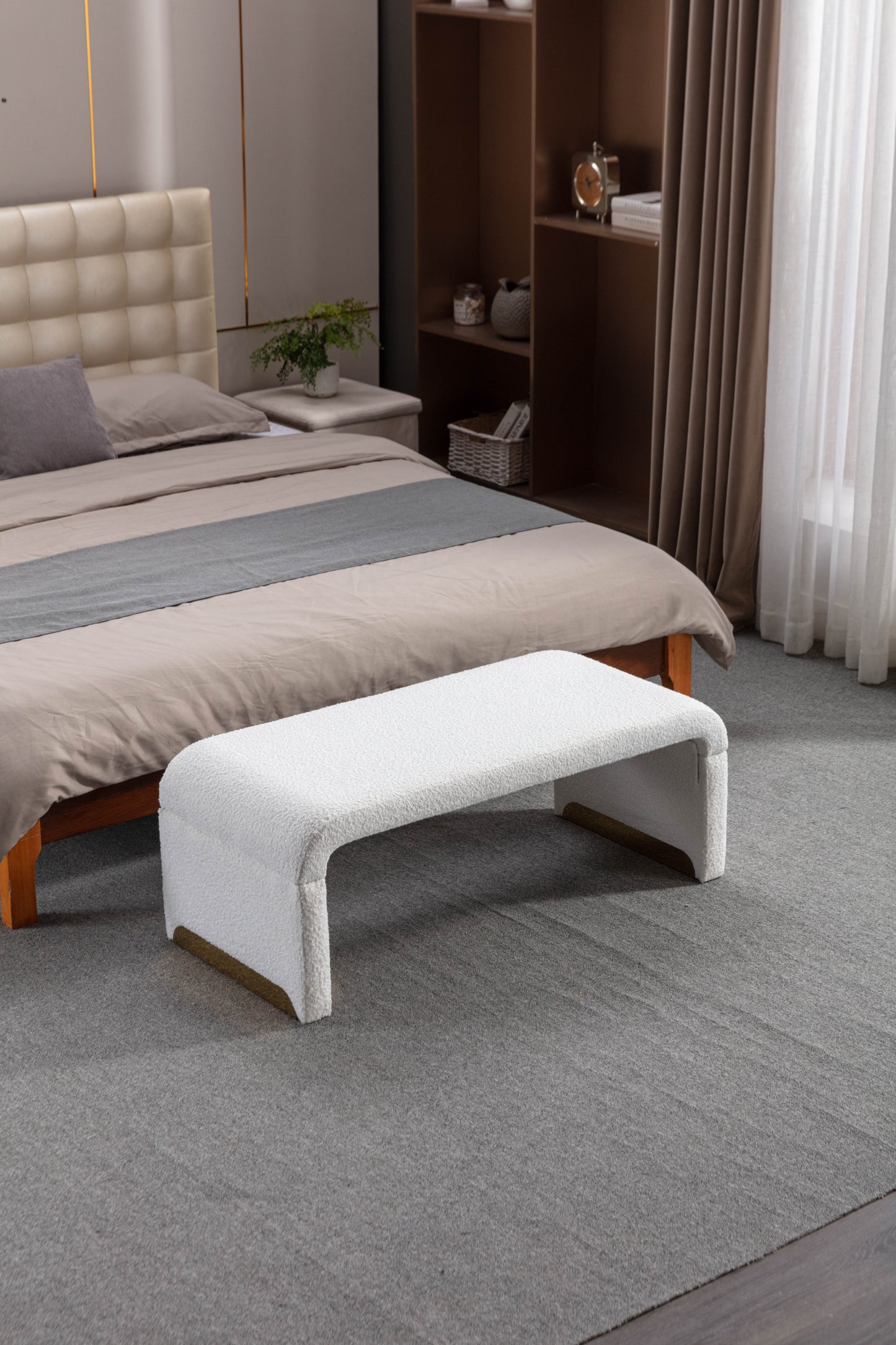 Boucle Fabric Ottoman - White