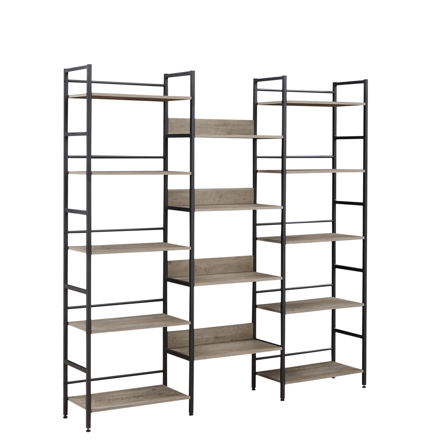 Triple Wide 5-shelf Bookshelves Industrial Retro Wooden Style - Grey