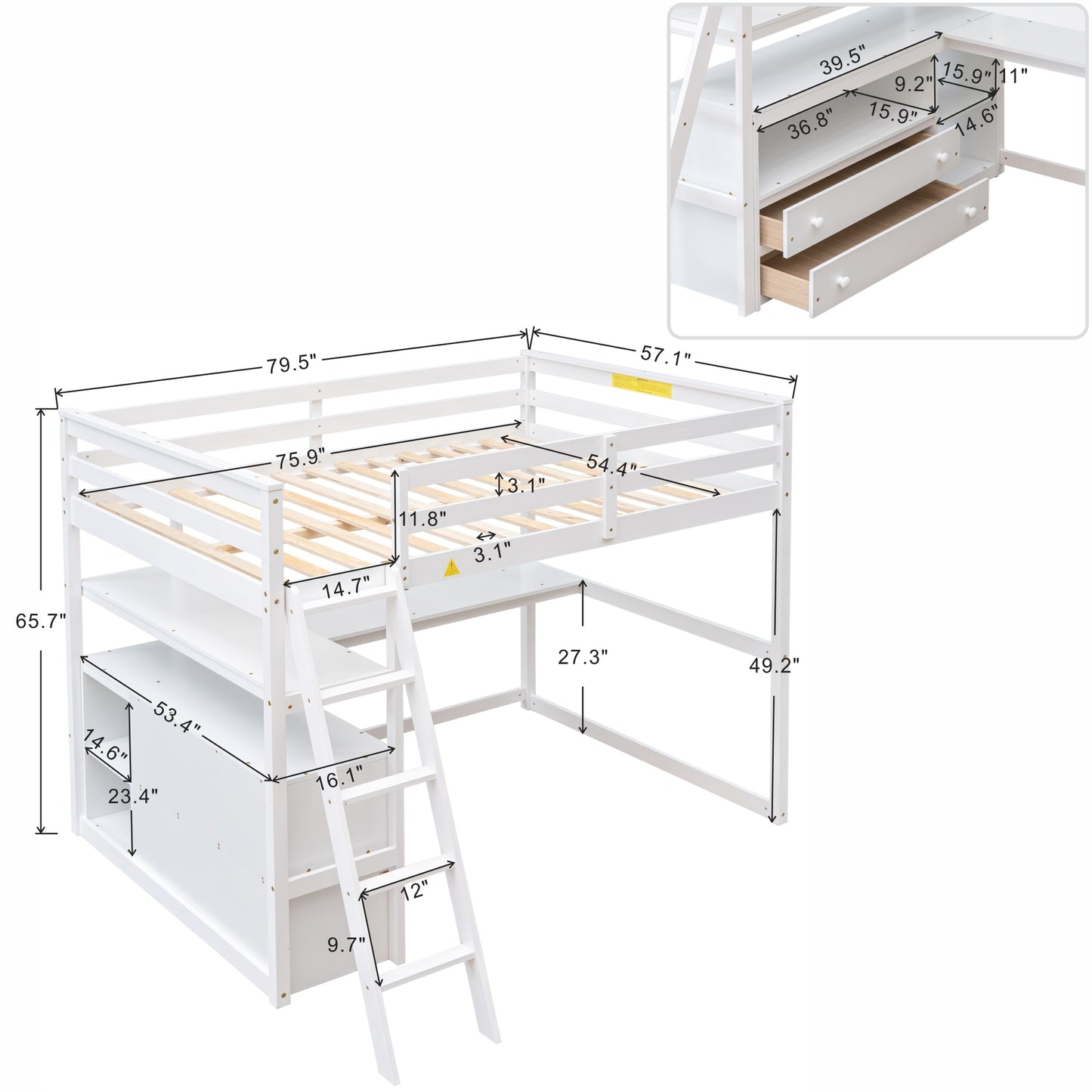 ElevateMax Full Size Loft Bed with Desk and Storage, in Elegant White