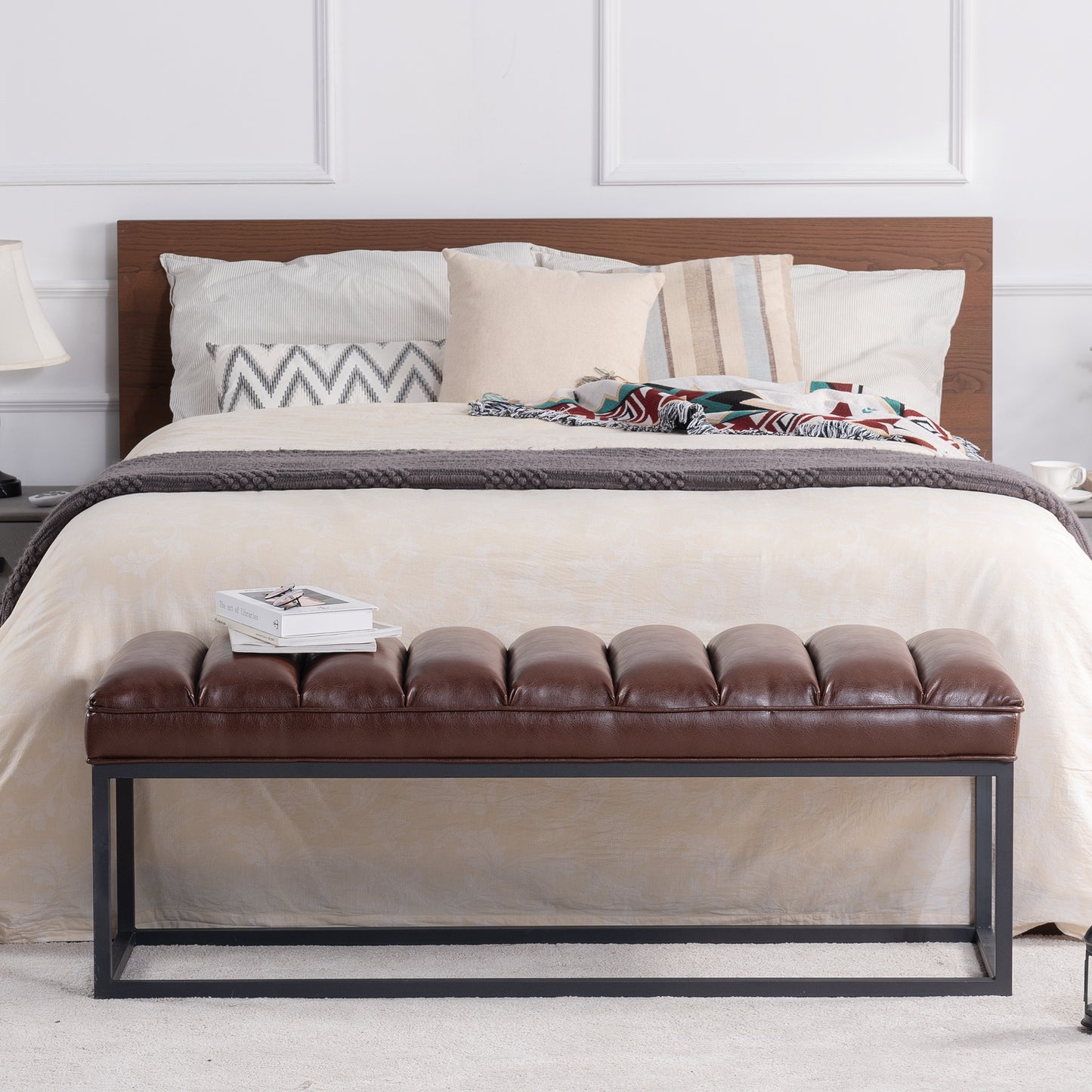 Metal Base Upholstered Bench - Dark Brown