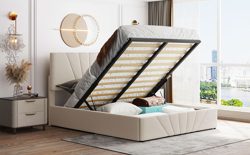 Regal Restful Retreat - Beige Upholstered Platform Bed with Hydraulic Storage