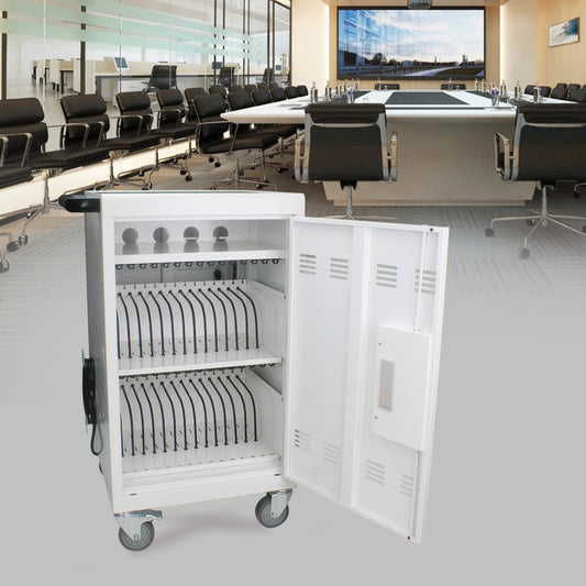 Mobile Charging Cart and Cabinet With Combination Lock - White