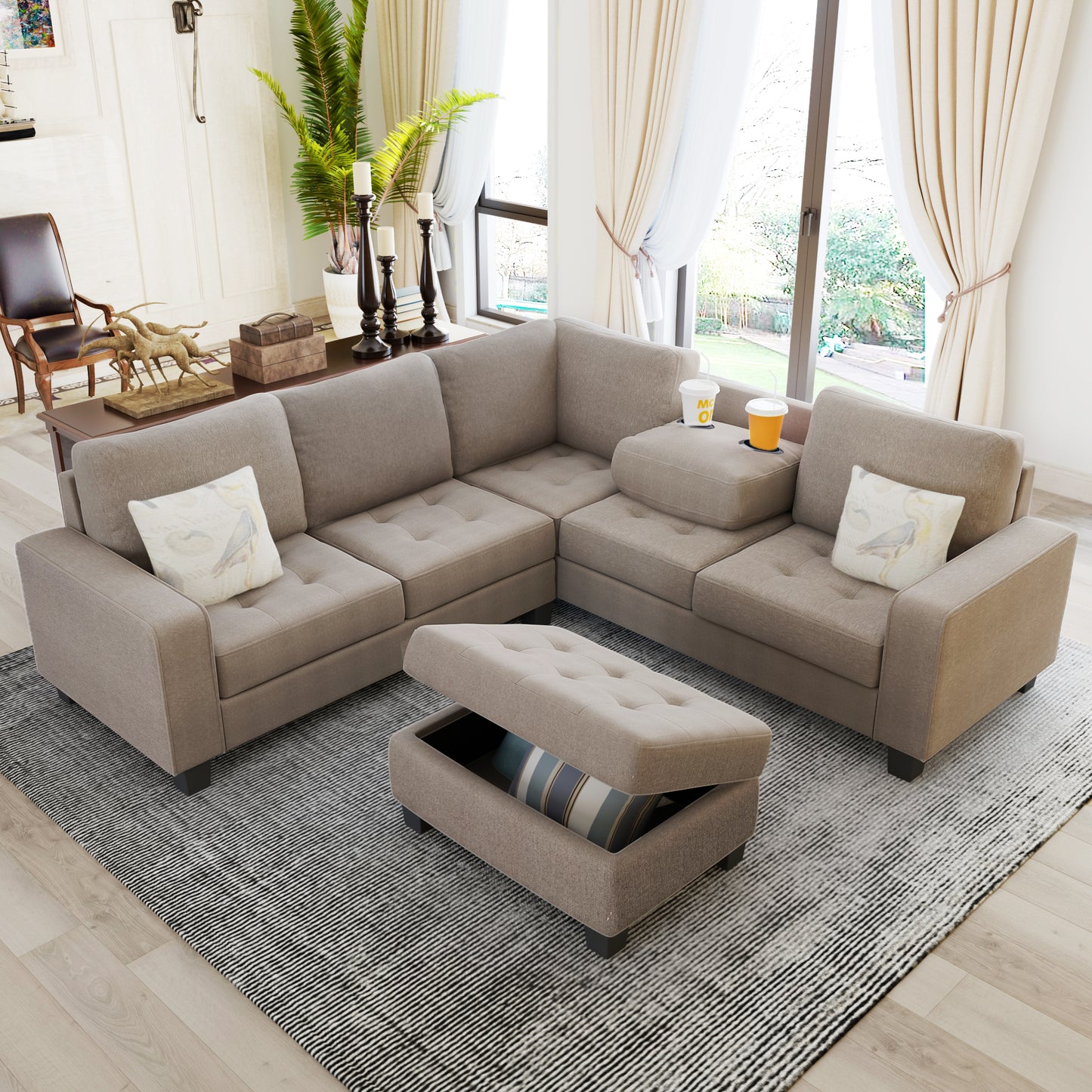 OrisLux Sectional Lounge: Ultimate Space-Saving Sofa with Ottoman & Cup Holders