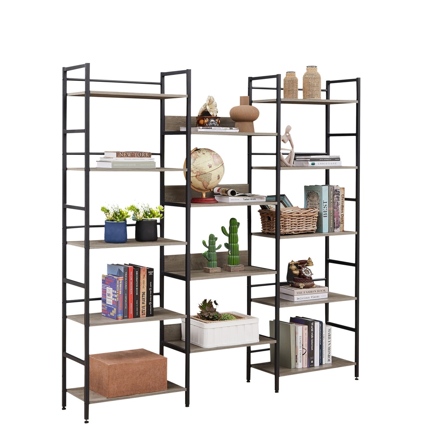 Triple Wide 5-shelf Bookshelves Industrial Retro Wooden Style - Grey