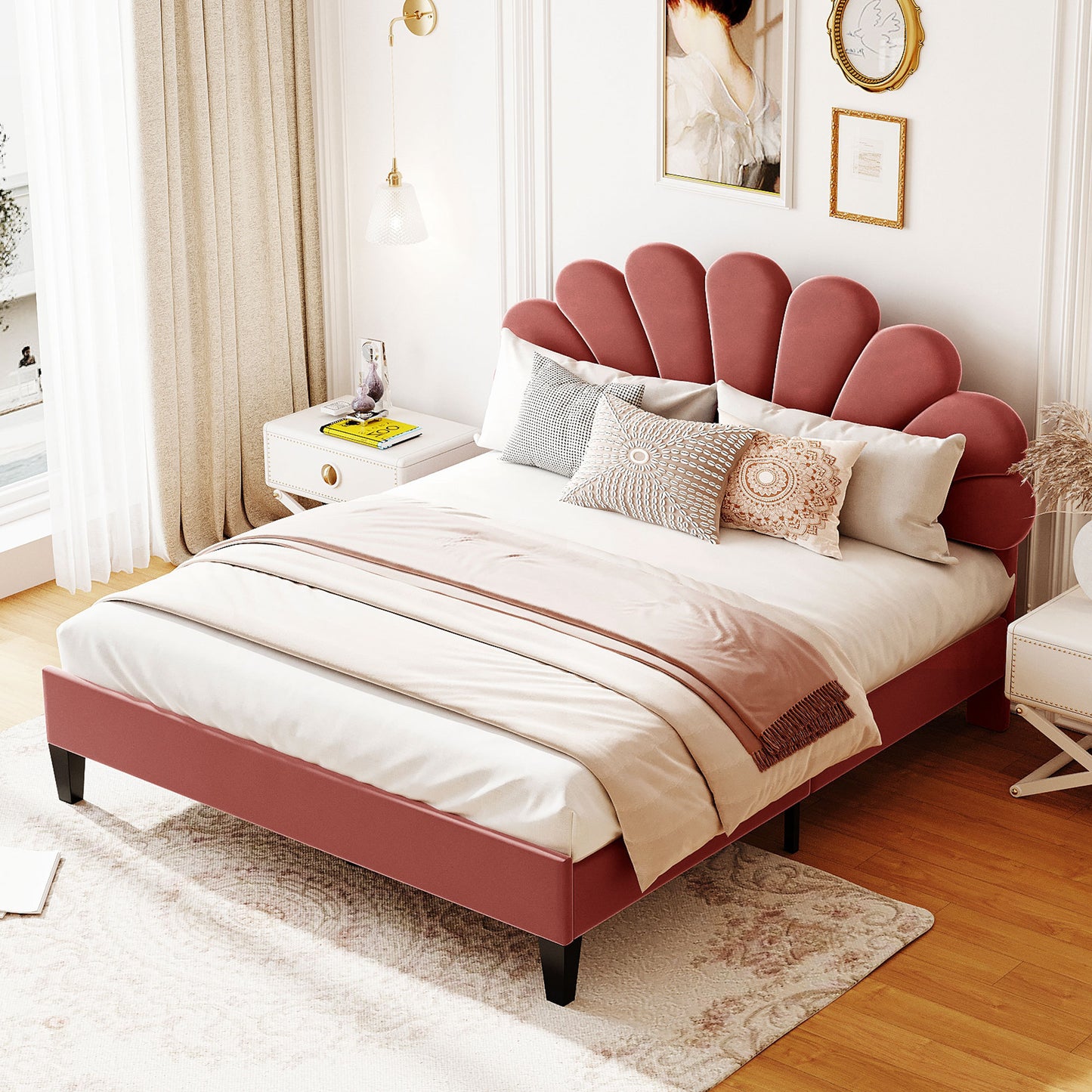 Floral Bliss Queen Size Velvet Platform Bed Frame - Red