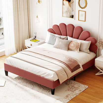 Floral Bliss Queen Size Velvet Platform Bed Frame - Red