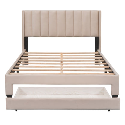 Shona Queen Size Velvet Platform Bed Frame - Beige