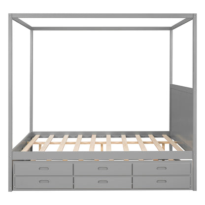 Elegant Haven Canopy Bed with Trundle and Storage, Gray