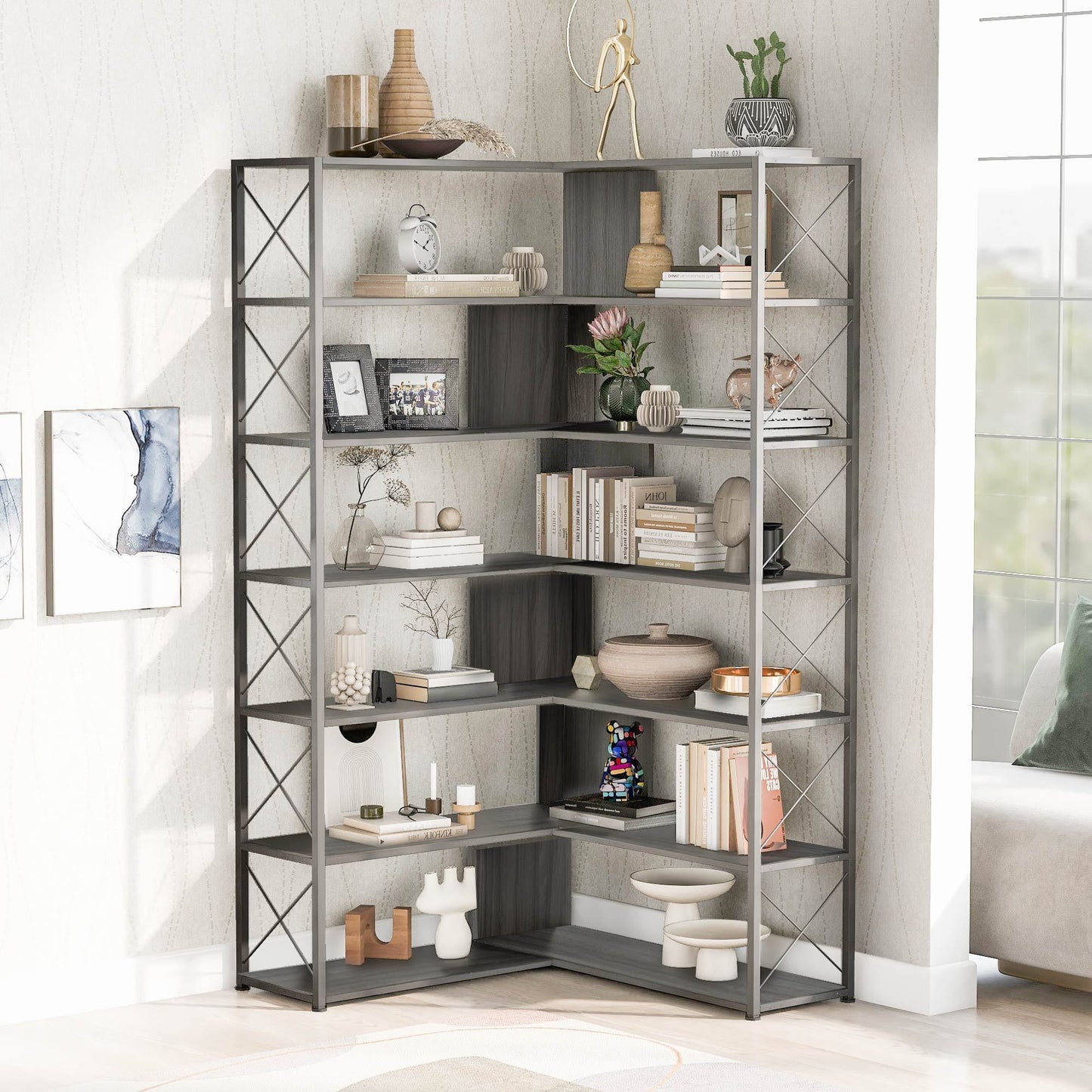 L-Shaped Corner Bookcase - Silver+Grey