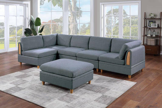 Felix 6pc Modular Sectional Sofa Set 2x Wedges 3x Armless Chair And 1x Ottoman - Steel Gray