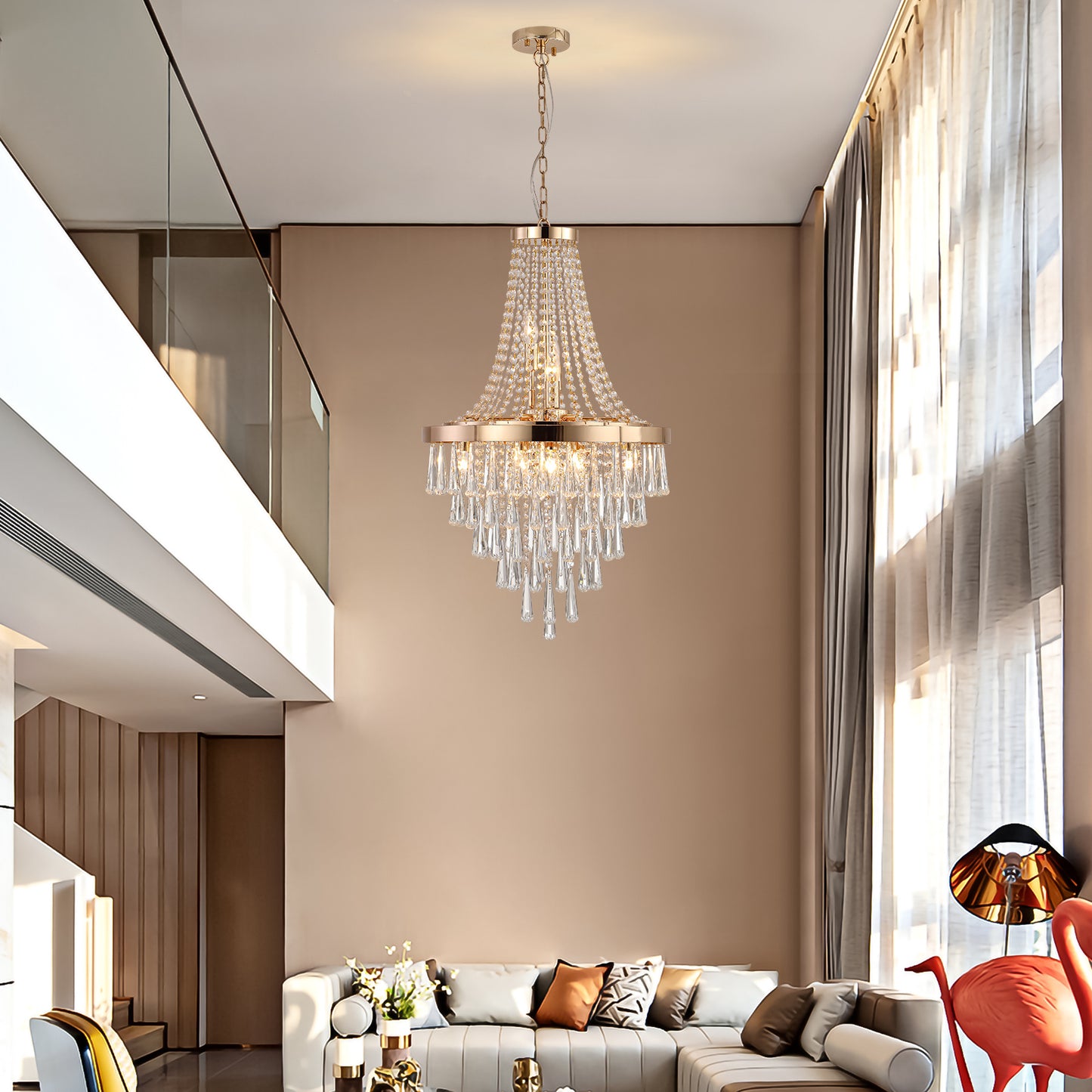 Golden Elegance: Exquisite Crystal Chandelier for Luxurious Living Spaces