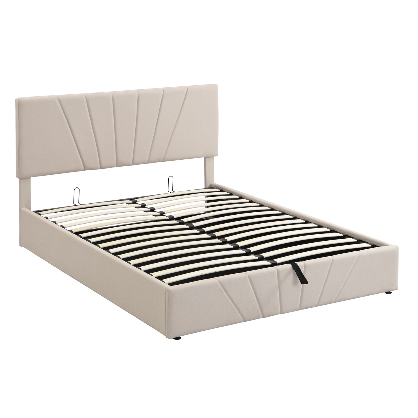 Regal Restful Retreat - Beige Upholstered Platform Bed with Hydraulic Storage