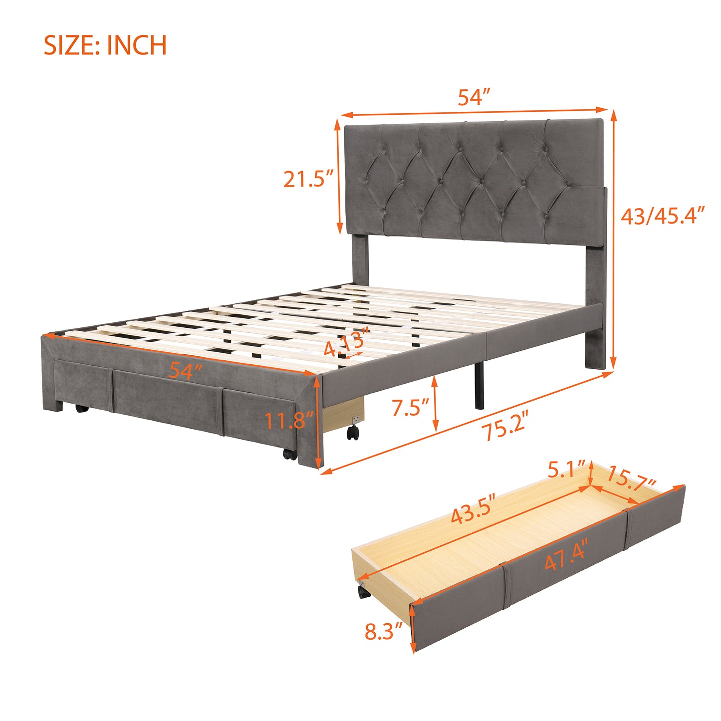 Helena Full Size Velvet Platform Bed Frame - Gray