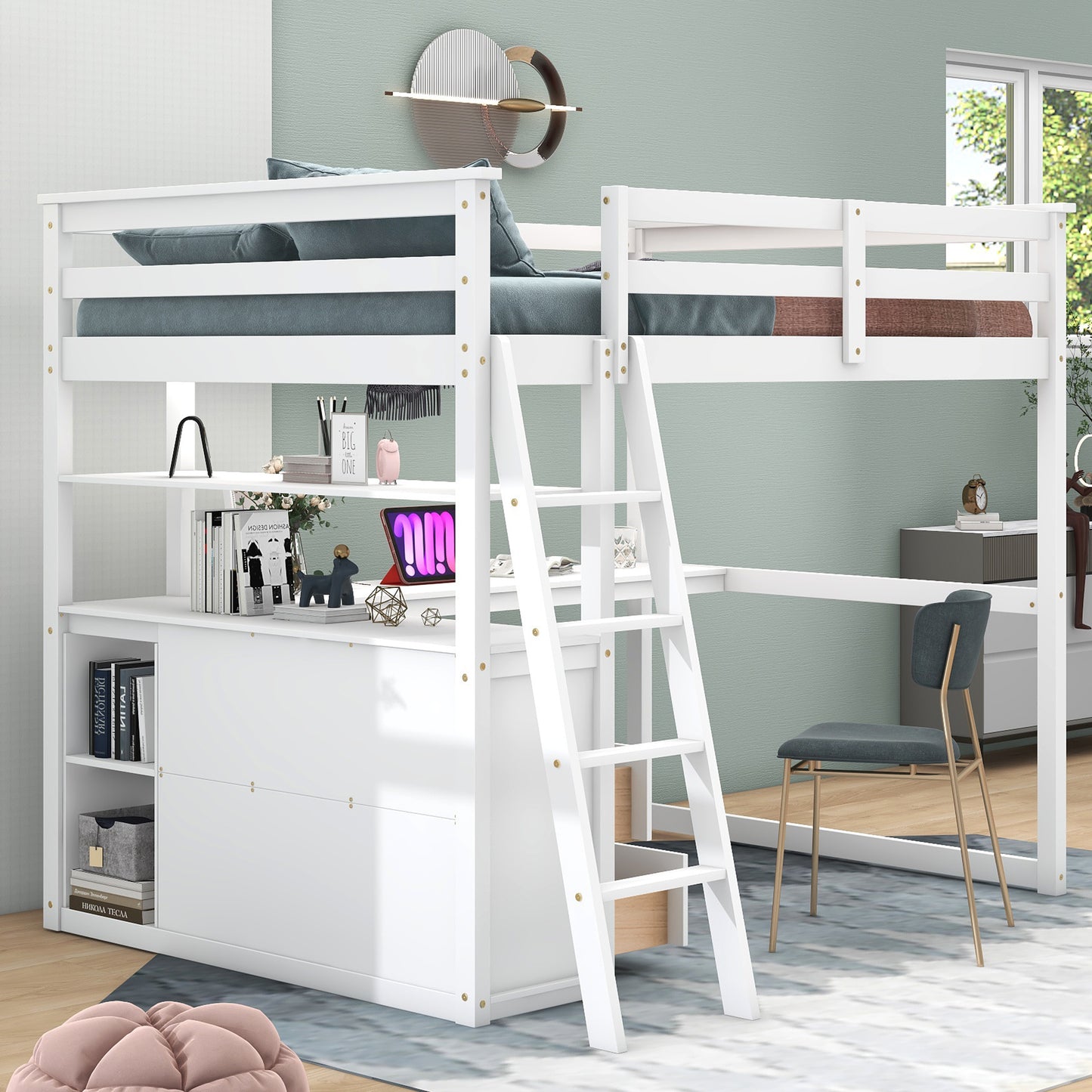 ElevateMax Full Size Loft Bed with Desk and Storage, in Elegant White