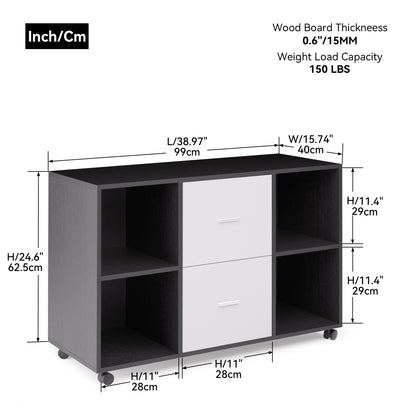 Mobile Wood File Cabinet 2-Drawer 4 open storage - Light Grey