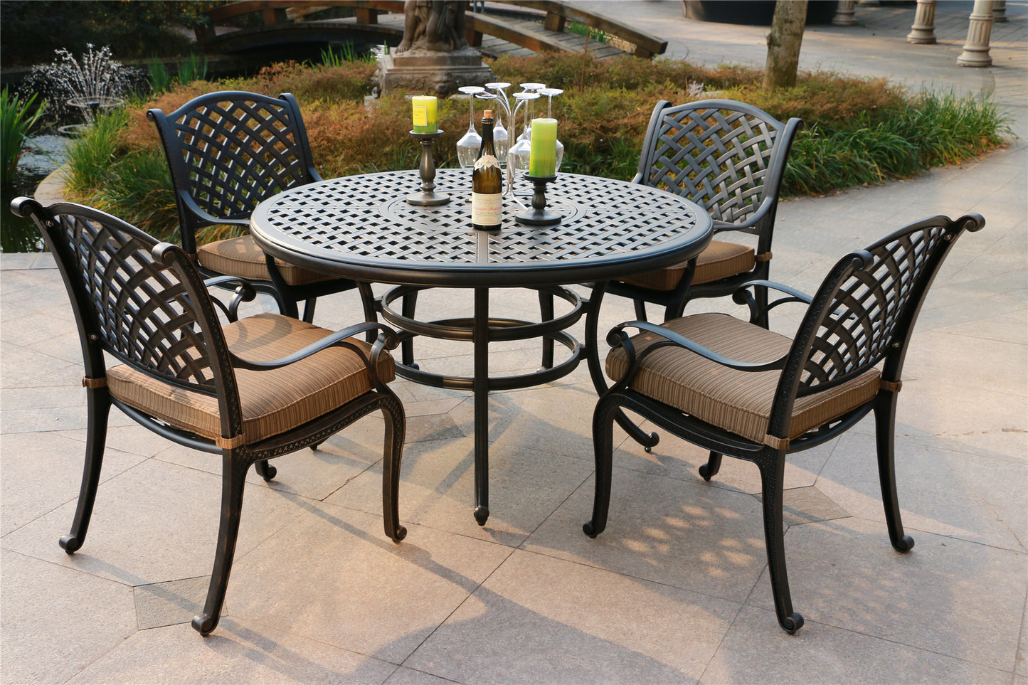 Neda 5 Pc 52" Aluminum Round Dining Set with Cushions - Brown