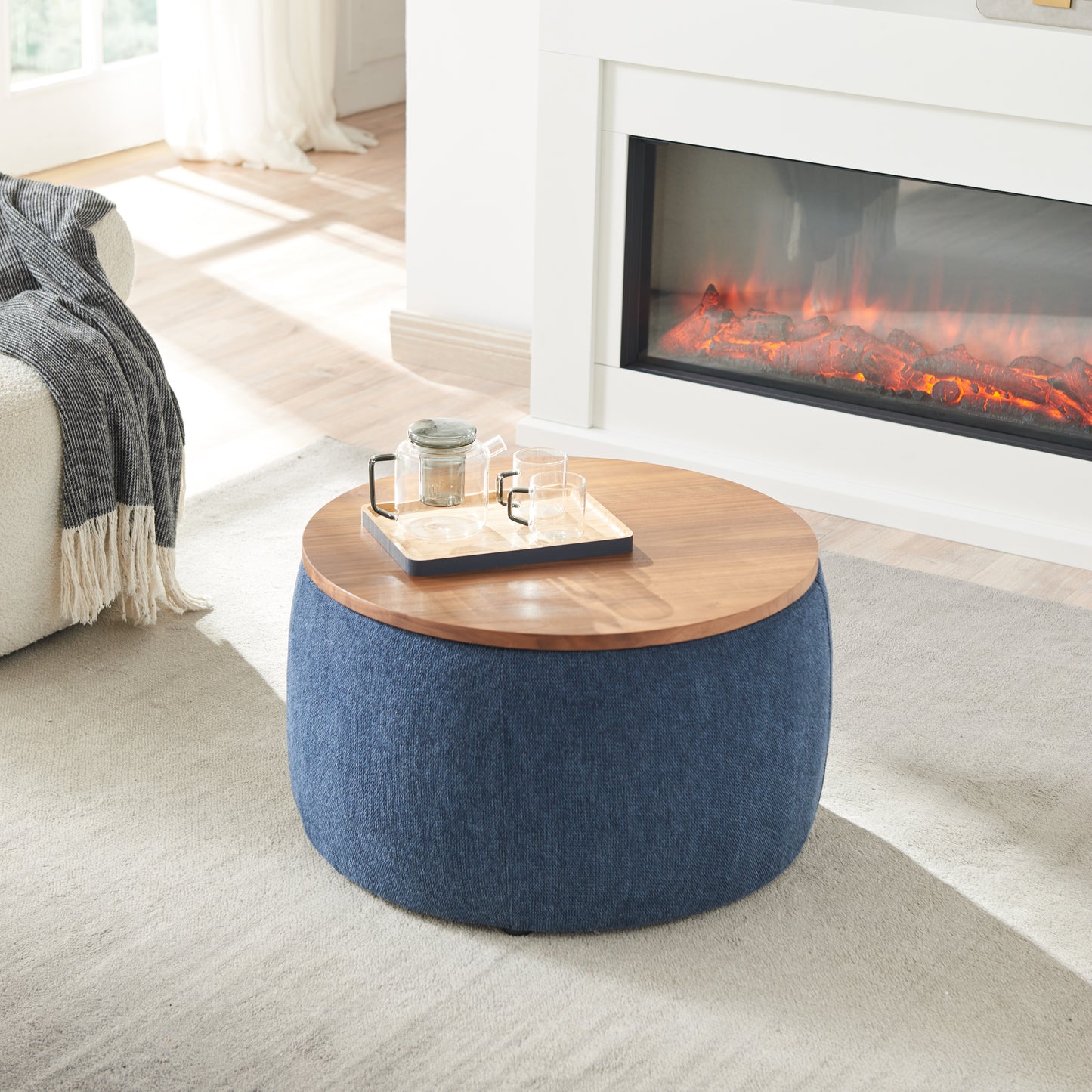 Versa Round Storage Ottoman Table - Navy Blue