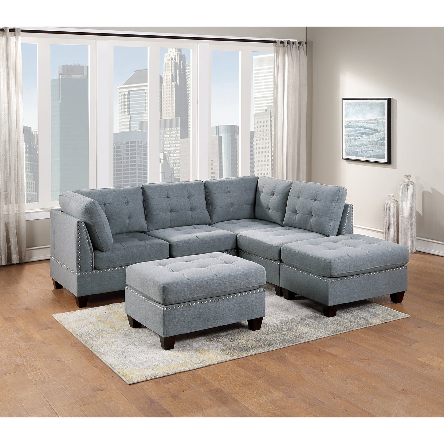 Linen-Like Fabric Upholstered Cocktail Ottoman - Grey