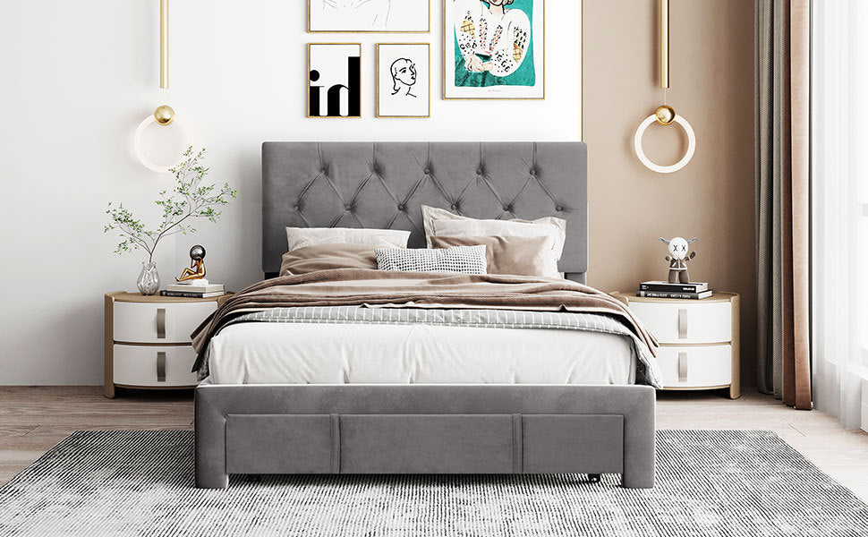 Helena Full Size Velvet Platform Bed Frame - Gray