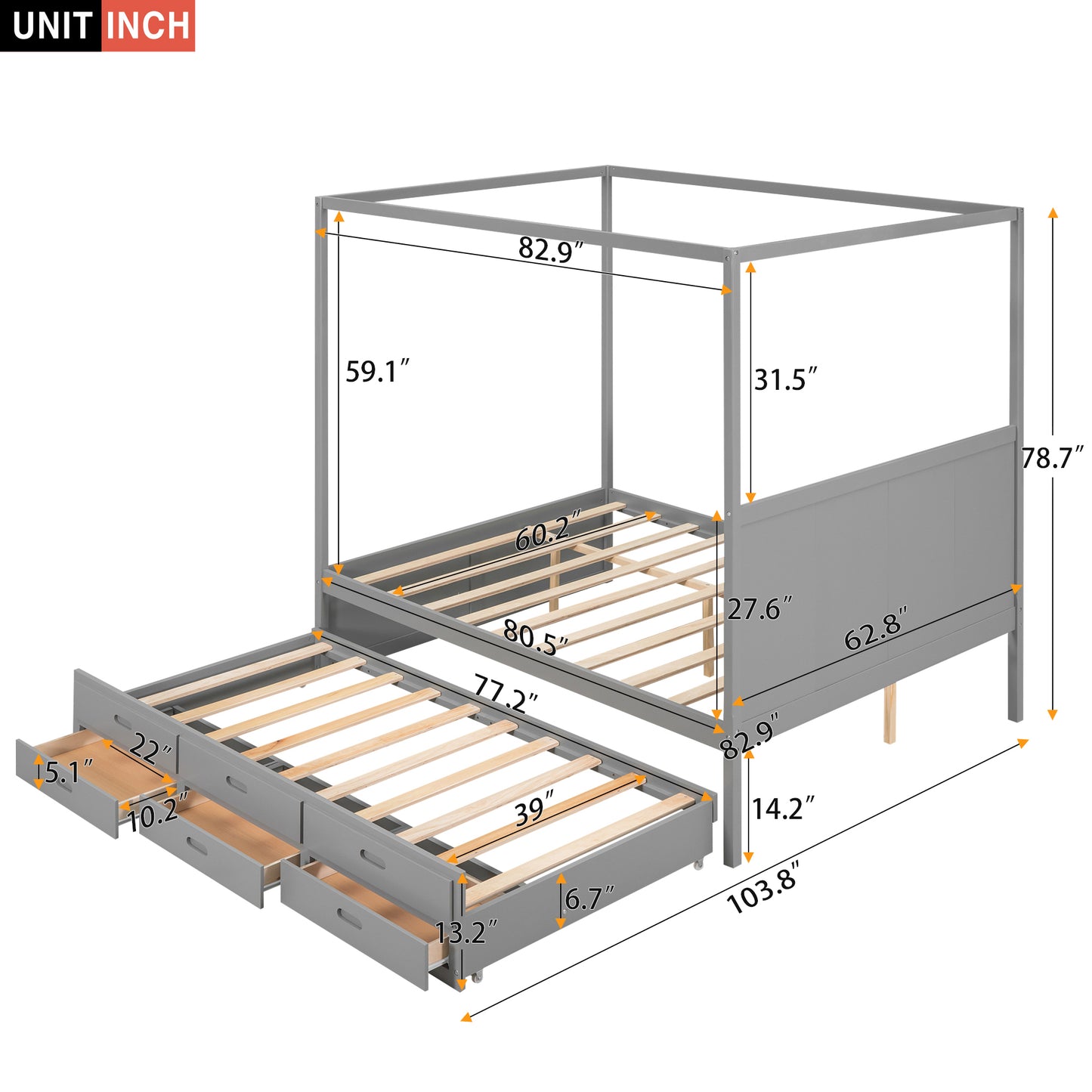 Elegant Haven Canopy Bed with Trundle and Storage, Gray
