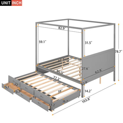 Elegant Haven Canopy Bed with Trundle and Storage, Gray