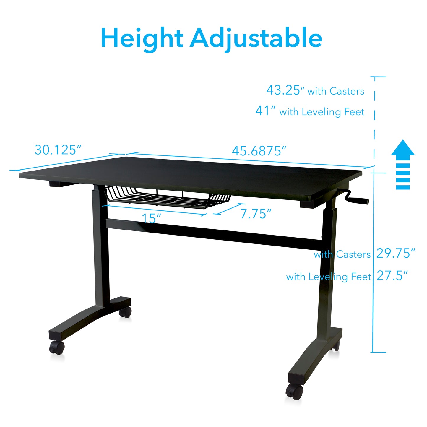 Atlantic Sit Stand Desk with Casters (Height Adjustable) with side crank   -  Black