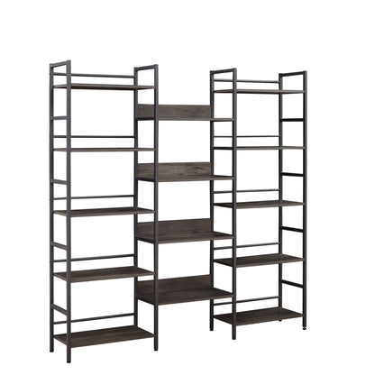 Triple Wide 5-shelf Bookshelves Industrial Retro Wooden Style - Dark Grey