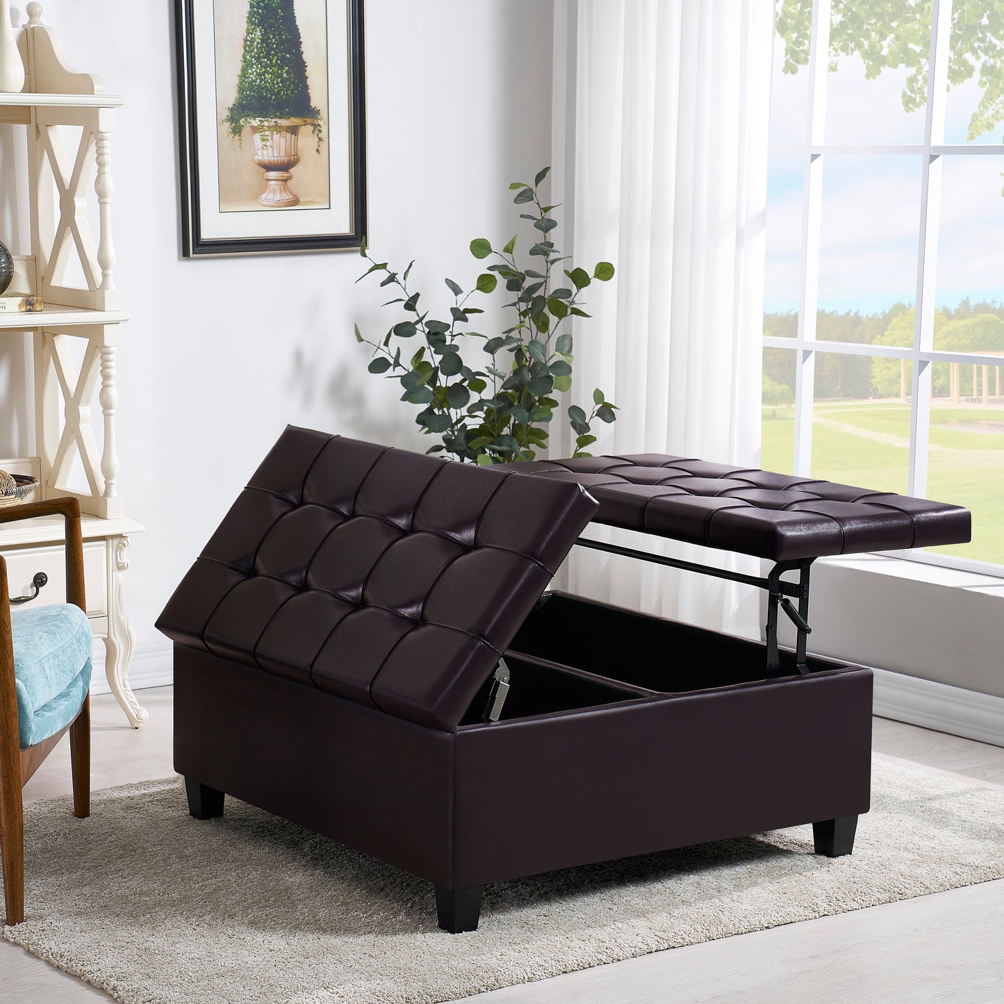 Square Faux Leather Storage Ottoman - Dark Brown