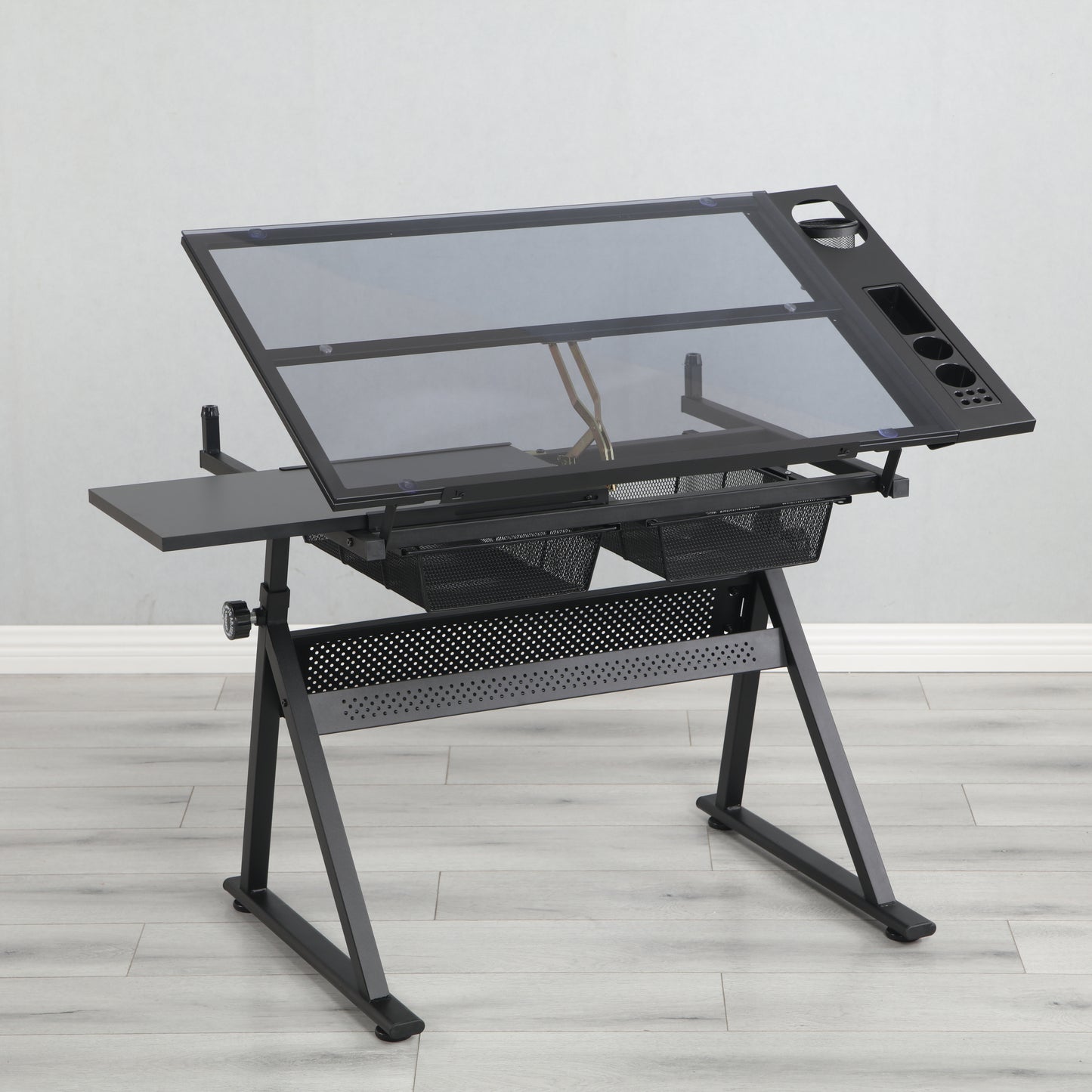 Adjustable tempered glass drafting printing table with chair