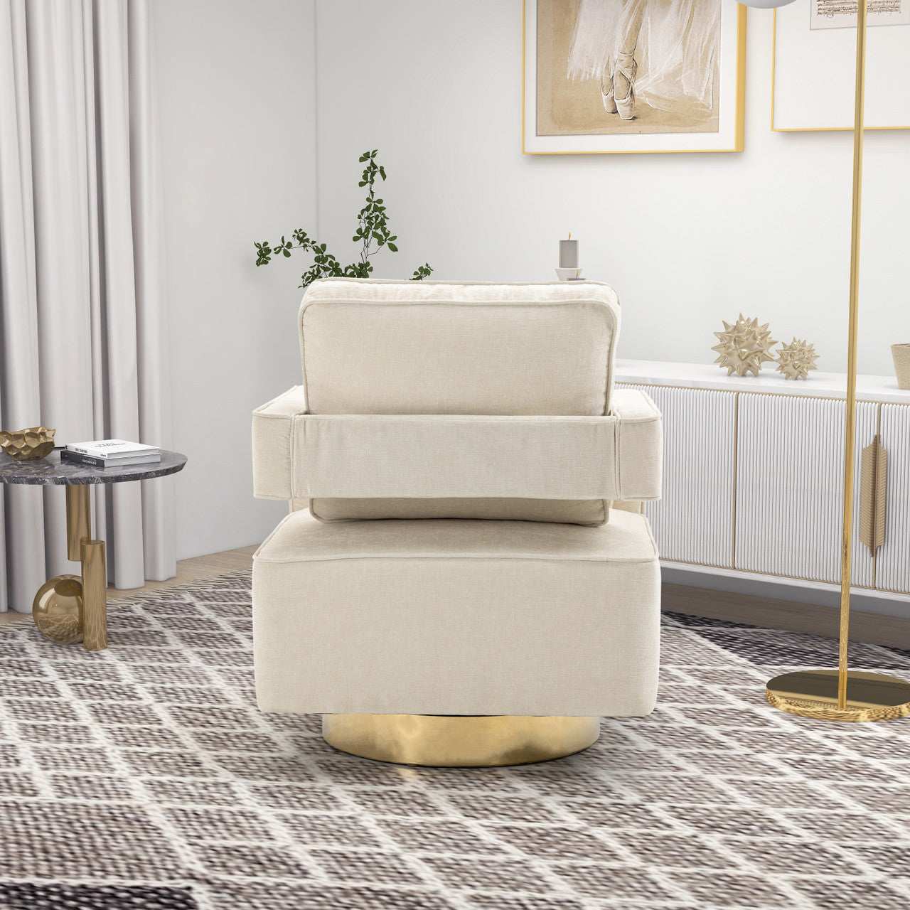 Beige Chenille Open Back Swivel Chair