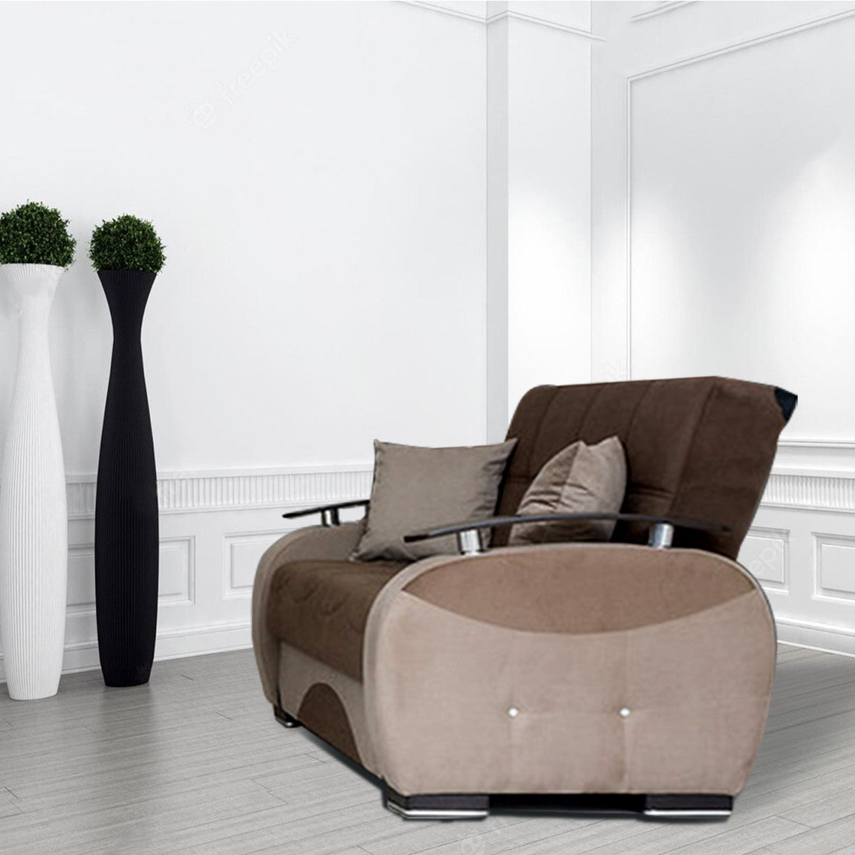 Besan Dark Beige Fabric w-Wood Arm Loveseat