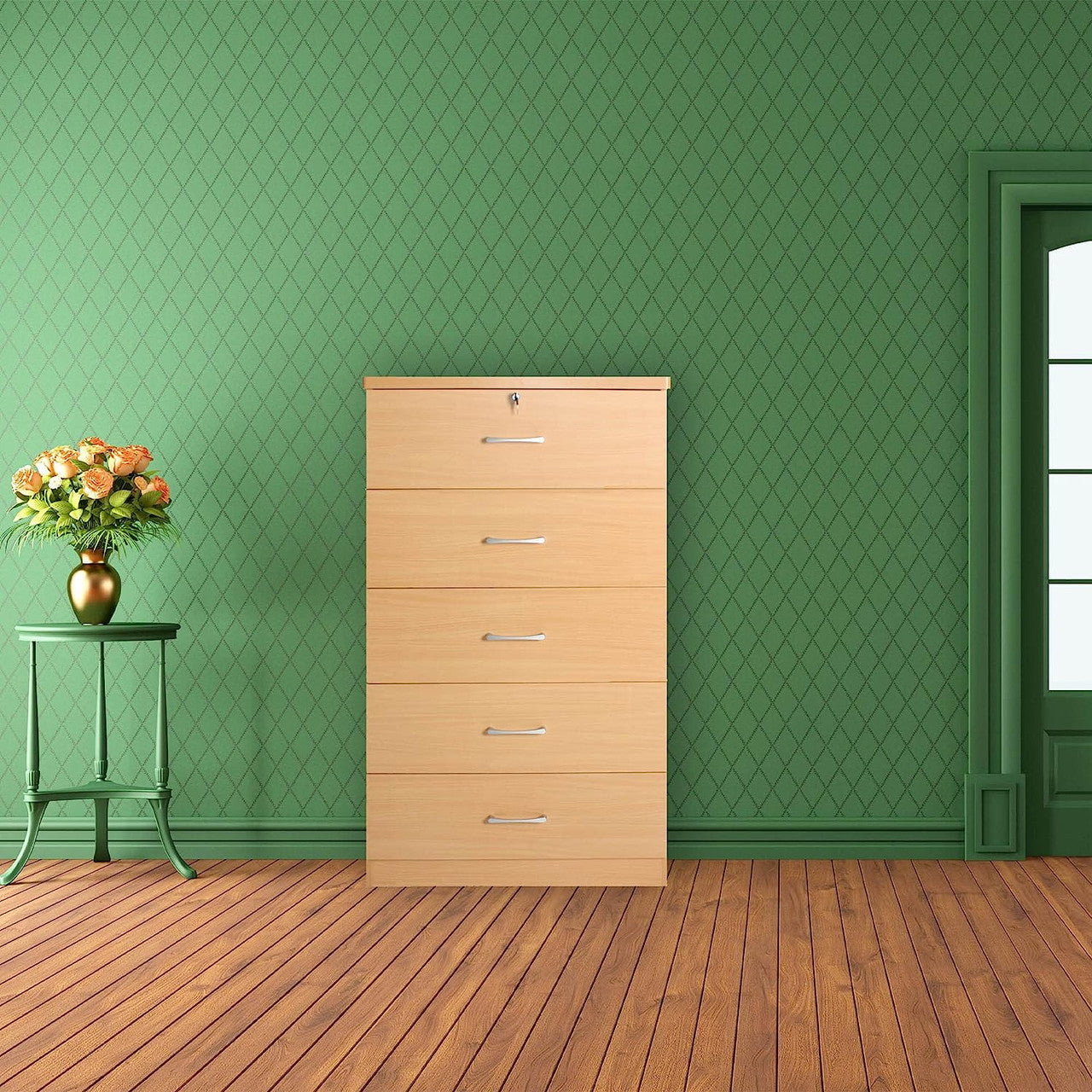 Go Green Woods Olivia Wooden Tall 5 Drawer Chest in Dark Sonoma Oak