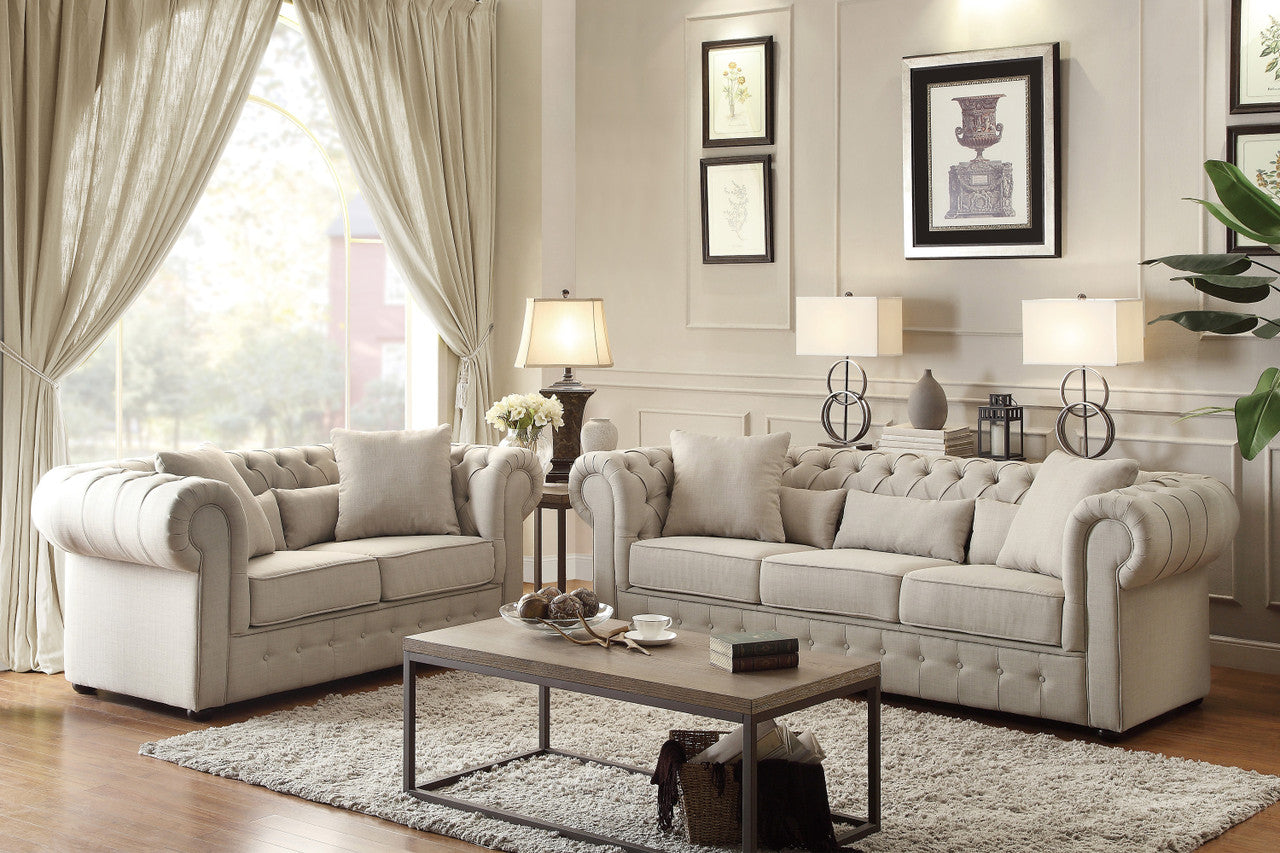 Classic Comfort Beige Button-Tufted Loveseat