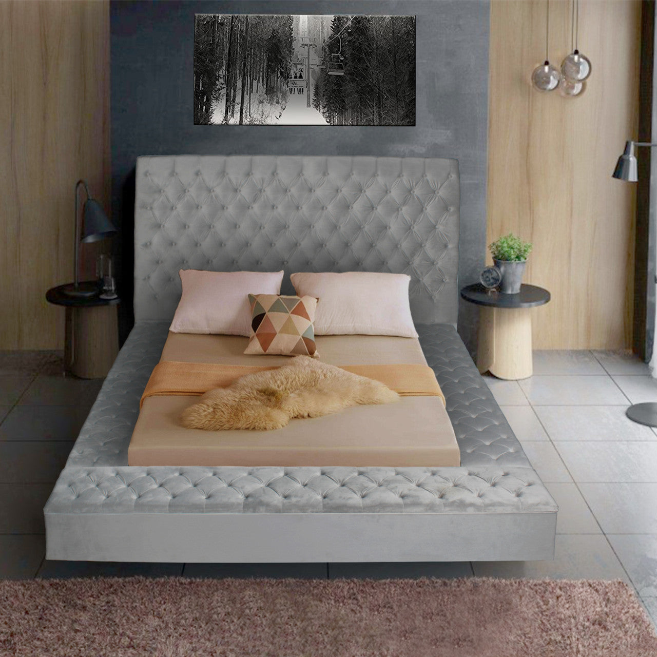 Go Green Woods Cosmopolitan Velvet Upholstered Platform Queen Bed