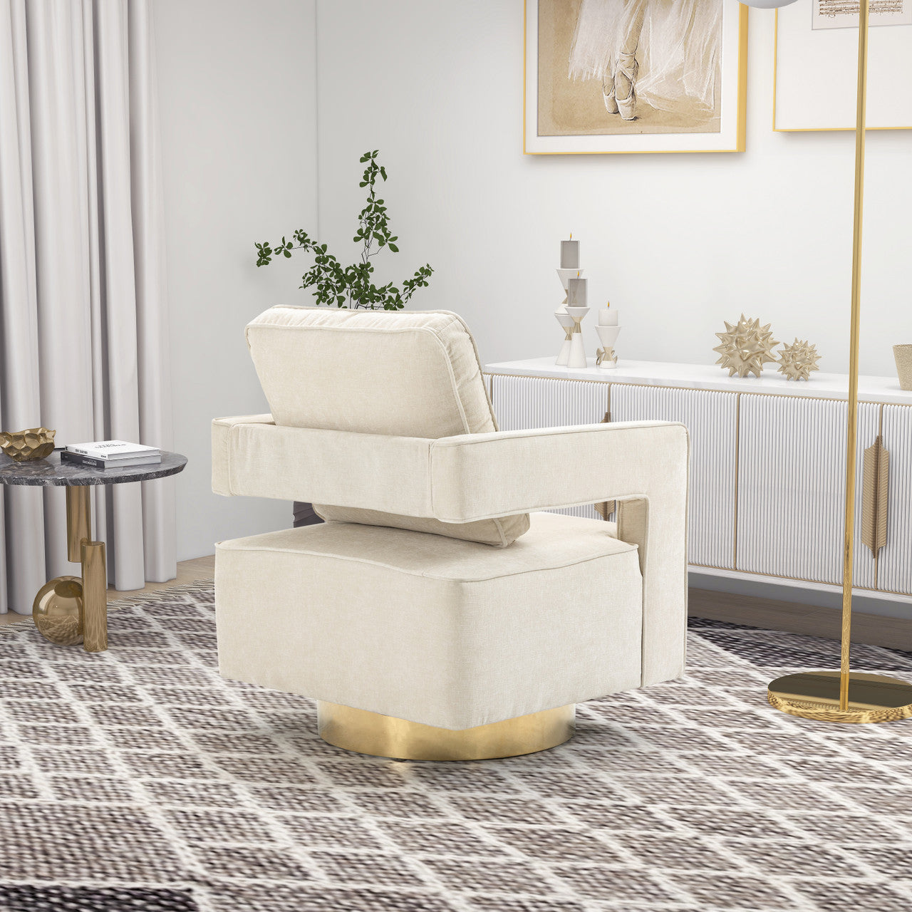 Beige Chenille Open Back Swivel Chair