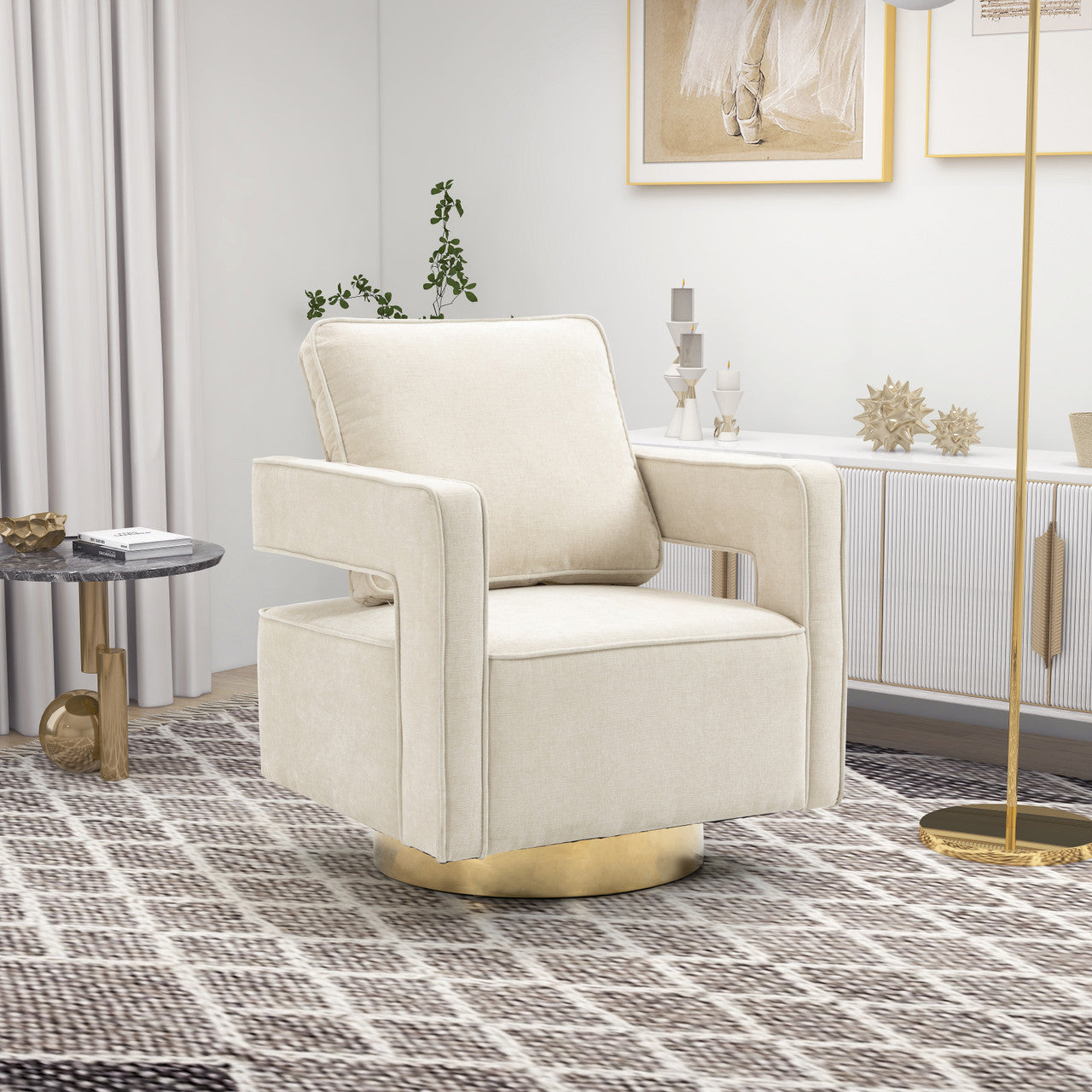 Beige Chenille Open Back Swivel Chair