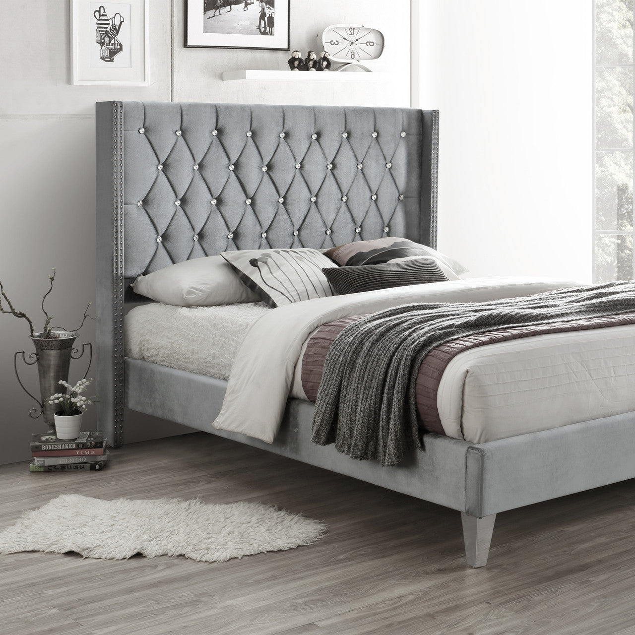 Go Green Woods Alexa Velvet Upholstered Queen Platform Bed