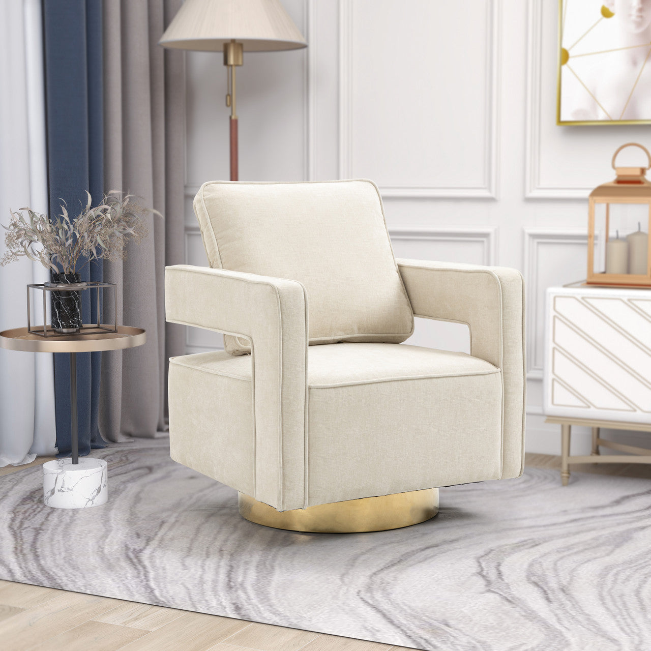 Beige Chenille Open Back Swivel Chair