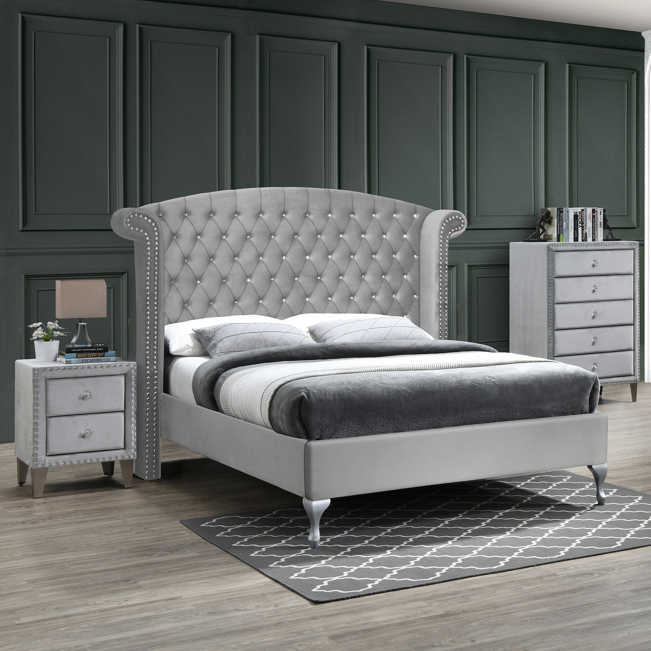 Go Green Woods Cleopatra Crystal Tufted Velvet Platform Queen Bed