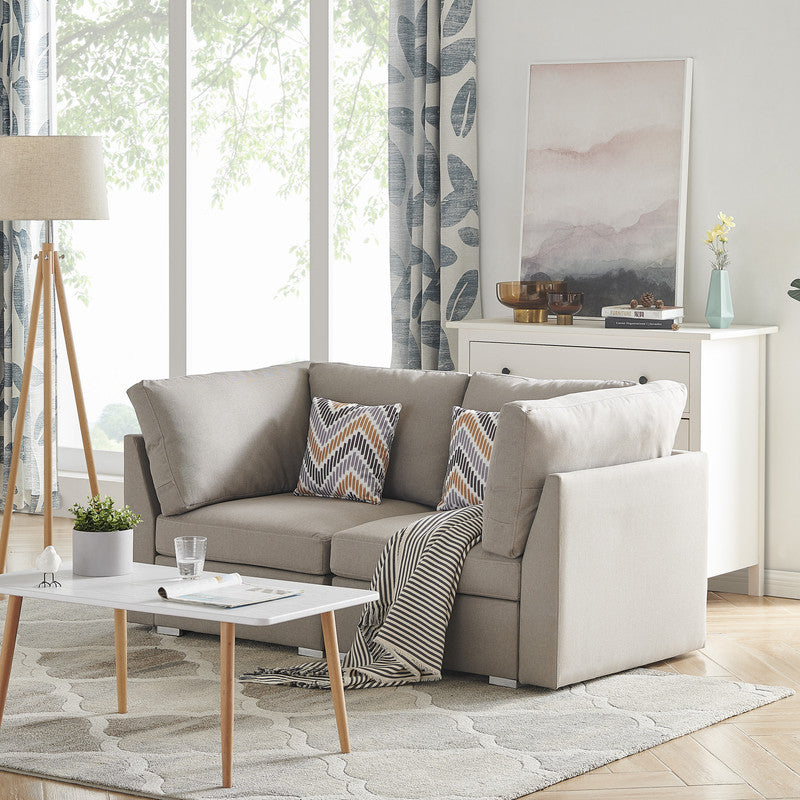 Amira Beige Fabric Loveseat Couch with Pillows